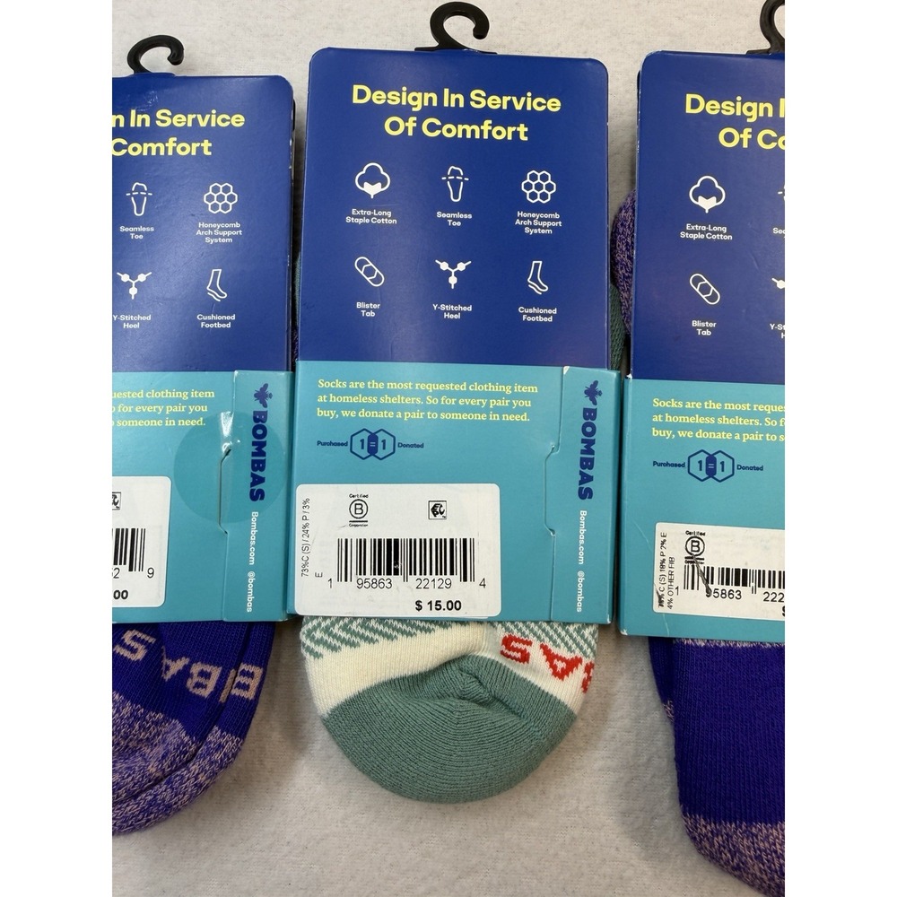 3 Pairs Bombas Marls & Tri-block Ankle Socks Violet Green Women's Small 4-7.5 - Picture 8 of 9